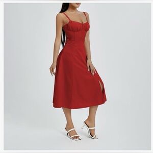 Red A Line with corset designed back and spaghetti straps.